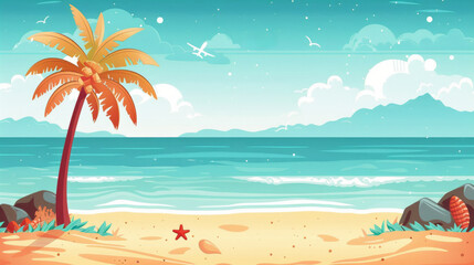 Obraz premium A serene tropical beach setting featuring a palm tree, calm sea, and light blue sky, creating an inviting atmosphere for relaxation and adventure