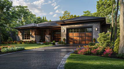 A suburban home with a rustic design, featuring a two-car garage with wooden doors and black metal accents. 