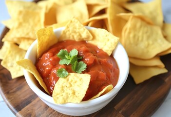 tortilla chips in a white bowl with tomato dip