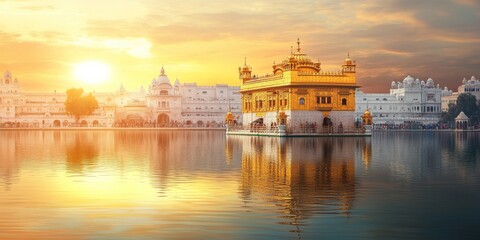 Majestic 3D Golden Temple: Abstract Artistic Representation of Shri Harmandir Sahib in Amritsar. Elegant Minimalist Design with Gradient Textures, Ideal for Cultural Marketing, UI Backgrounds, and Hig