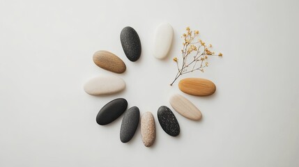 Arrangement of smooth stones in a circular pattern with delicate flowers on a light surface 
