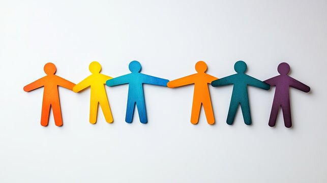 Colorful paper figures linked together representing unity and diversity on a white background