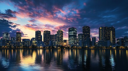 Obraz premium Cityscape Dreams: A mesmerizing panorama of a modern metropolis silhouetted against a vibrant, fiery sunset, reflecting in the still waters below. 