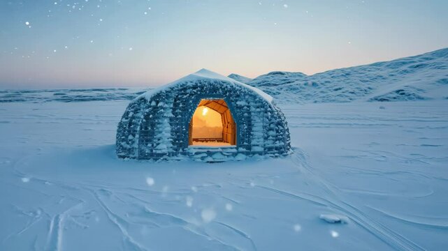 Snow-covered igloo glows warmly under the twilight sky in a remote Arctic landscape