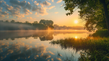 Obraz premium The sun rises gently over a calm lake shrouded in mist, with vibrant colors reflecting off the water's surface, surrounded by lush greenery