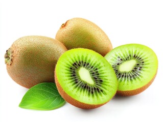Fototapeta premium Two whole kiwis and two slices of kiwi fruit with a leaf isolated on white background.