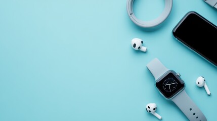 Apple Watch and Earbuds on Blue Background