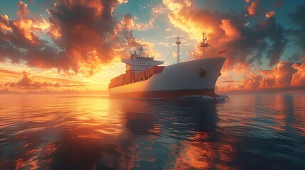 Fototapeta premium Cargo Ship Navigating Calm Waters During Magnificent Sunset Over Open Ocean