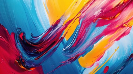 Abstract Swirls of Color: A vibrant and dynamic abstract painting featuring bold strokes of blue, yellow, and pink, creating a mesmerizing visual dance of color. 