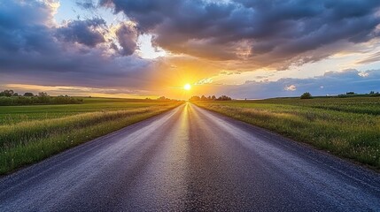 Naklejka premium A wet asphalt road stretching towards a golden sunset with clouds