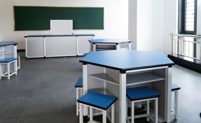 Modern classroom with hexagonal tables