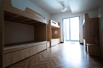 Student dormitory have beds and wardrobes