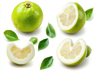 Whole and sliced pomelo with green leaves isolated on white background.