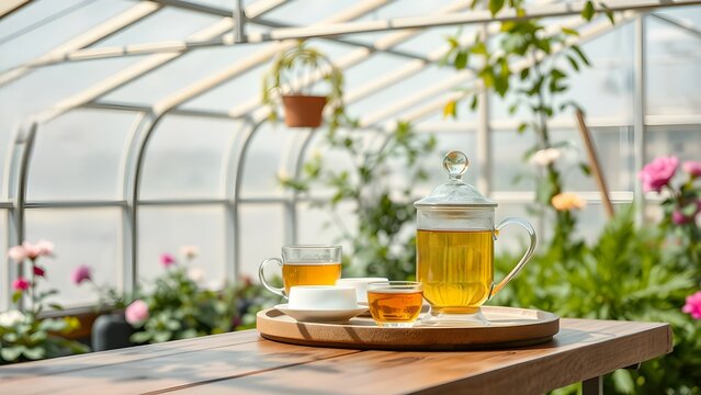 Relaxing tea time in a bright greenhouse filled with blooming plants