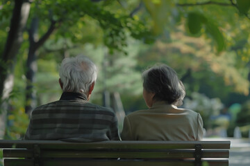 Fototapeta premium rear view of an elderly couple sitting on a bench, capturing a serene moment of rest in the park. 