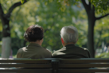 Fototapeta premium rear view of an elderly couple sitting on a bench, capturing a serene moment of rest in the park. 