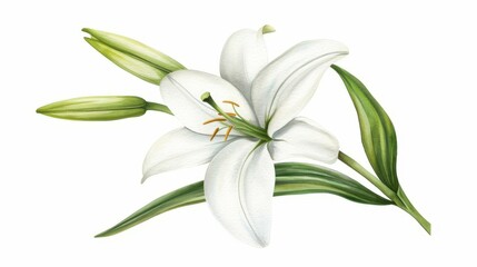 Fototapeta premium A delicate white lily stands tall with its sleek green stem, rendered in a soft watercolor style against a clean white backdrop.