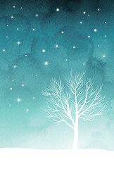 寒中見舞いはがき、星、枯れ木、夜、縦