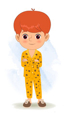 American boy cartoon character standing fold hands, in a night suit with orange hair.