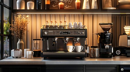 Coffee machine with cups on bar counter