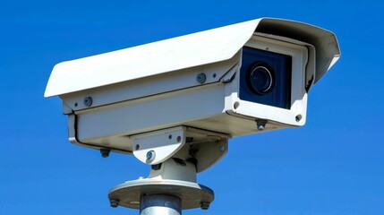 White Security Camera Mounted on a Pole Against a Blue Sky