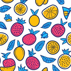 Delight in a whimsical world of thin lines and cheerful fruit patterns in vibrant pastels that spark joy and creativity.