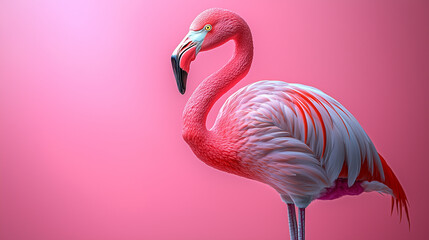 Fototapeta premium A 3D flamingo standing on one leg with a soft pastel background on the right, symbolizing the elegance and grace of zoo birds
