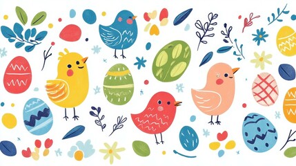 Bright and fun Easter pattern in featuring cartoons, textures, and playful elements for a festive vibe. Perfect for spring