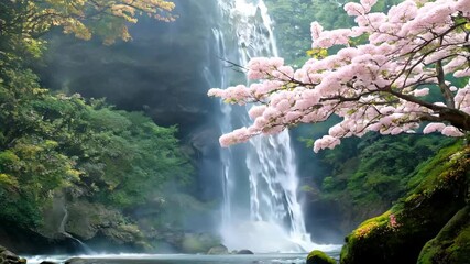 Discovering the serene beauty of a waterfall amidst cherry blossoms in a tranquil forest setting