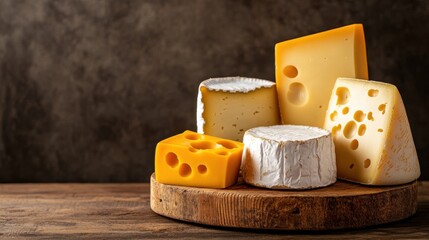 Artisanal Cheese Selection on Rustic Board - Capturing Textures and Flavors of Assorted Cheeses for Gourmet Delight