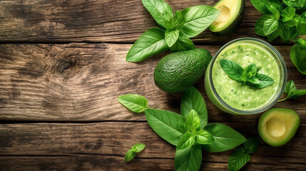 Fototapeta premium a healthy drink of sweet green avocado smoothie in a glass, set on a wooden table