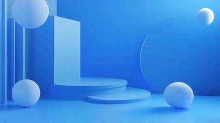Azure Podium: A serene blue 3D rendering with an abstract podium, perfect for showcasing products or designs. Minimalist, elegant, and modern.