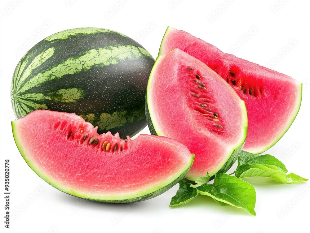 Wall mural whole and sliced watermelon with green leaves isolated on white background.