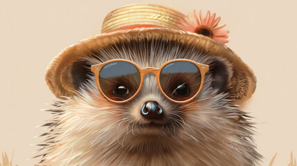 Fototapeta premium a fashion-forward hedgehog wearing sunglasses and a straw hat. 