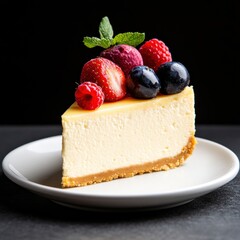 Indulgent Cheesecake Slice with Fresh Berries on White Plate