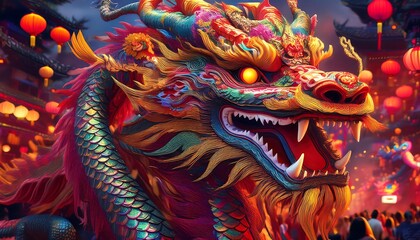 Fototapeta premium A dragon doll in a big Asian holiday in a street parade
