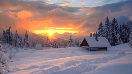 Winter Wonderland Cabin with Sunset