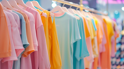 Fototapeta premium A vibrant display of tennis apparel showcases an array of colorful clothing hanging on racks, inviting shoppers to explore the latest styles in a lively store