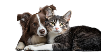 Cat and dog sitting together, isolated on a transparent background