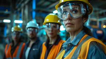 Fototapeta premium A team of dedicated workers wearing safety goggles and helmets, showcasing their commitment to safety and professionalism