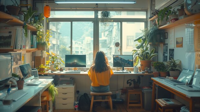 Woman Working at Desk Surrounded by Plants in Bright Urban Room During Daytime