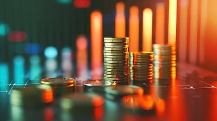 A close-up of a stack of coins with a bar graph in the background, symbolizing economic development and financial stability, with a light gradient backdrop. 8k UHD, suitable for high-quality 