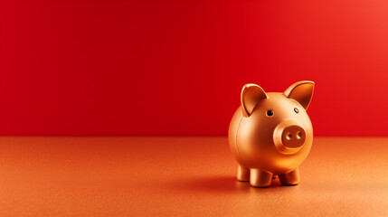 A golden piggy bank stands on a smooth surface, illuminated by soft warm light during golden hour, creating a serene atmosphere with its deep red background, copy space