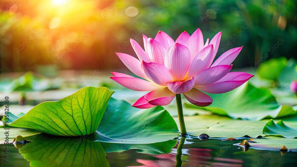 Poster Beautiful pink lotus flower with a green leaf in the pond, pink lotus, water lily, blooming, water, pond, magical, spring