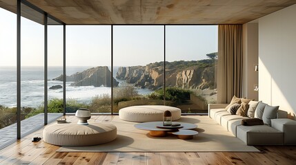 Fototapeta premium Modern Living Room With Coastal Views Overlooking Cliffs at Sunset