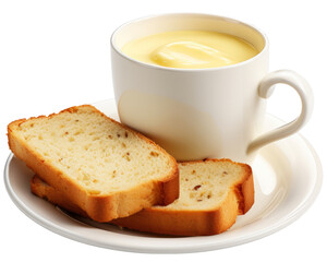 Creamy Comfort: A steaming cup of custard and slices of freshly baked bread isolate on transparency background PNG