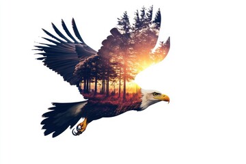 Obraz premium A photograph of a Eagle isolated on a white background in a double exposure style collage style with a beautiful dawn or sunset scene. with generative ai
