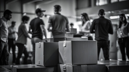 Obraz premium Black and white photo with several cardboard boxes in focus and blurry figures in the background, suggesting a busy warehouse or distribution center atmosphere