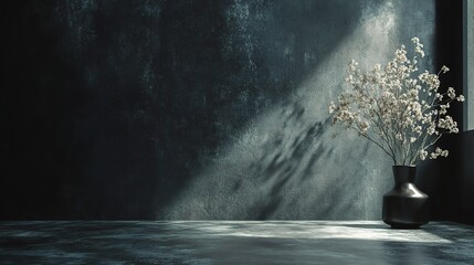 Minimalist Still Life with Dried Flowers and Sunlight Beam: A single vase of dried flowers stands tall against a stark, dark blue wall, illuminated by a dramatic sunbeam.