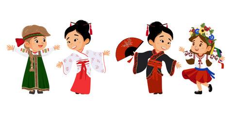 The set of the cartoon character girls in traditional dresses